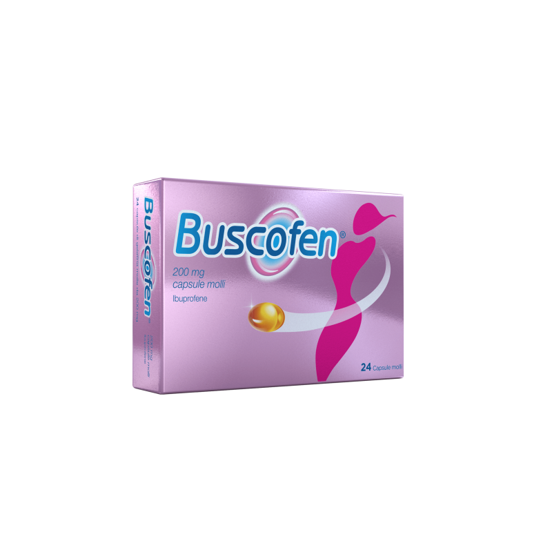 confezione di Buscofen Dolori Mestruali 24 Capsule Molli 200mg Ibuprofene