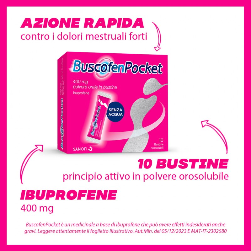 caratteristiche di Buscofen Pocket Dolori Mestruali 10 Bustine Orosolubili 400mg Ibuprofene