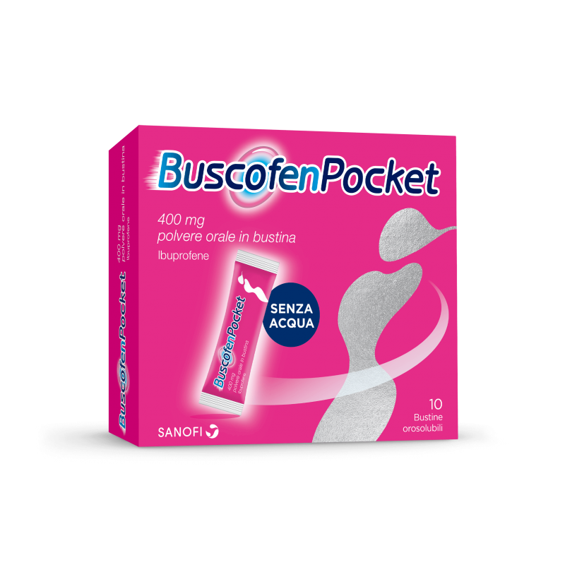 confezione di Buscofen Pocket Dolori Mestruali 10 Bustine Orosolubili 400mg Ibuprofene