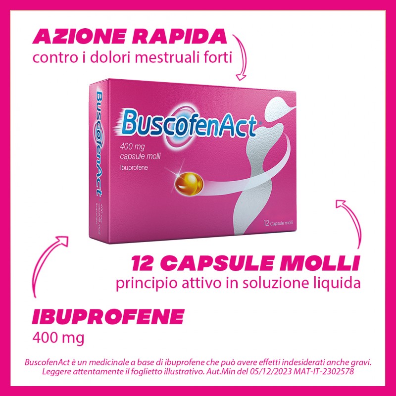caratteristiche di Buscofenact Dolori Forti da Ciclo 12 Capsule Molli 400mg Ibuprofene
