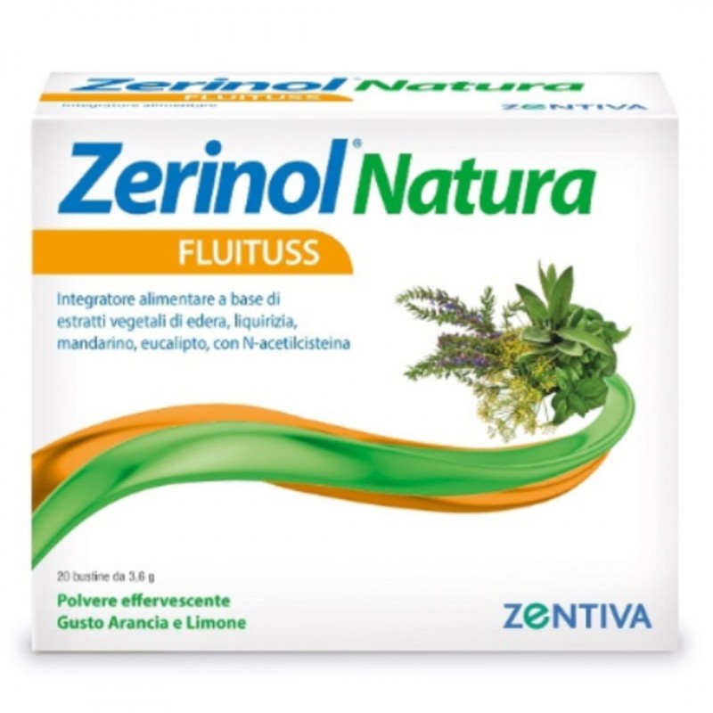 Confezione di Zerinol Natura Fluituss Integratore Fluidificante Gusto Arancia e Limone 20 Bustine