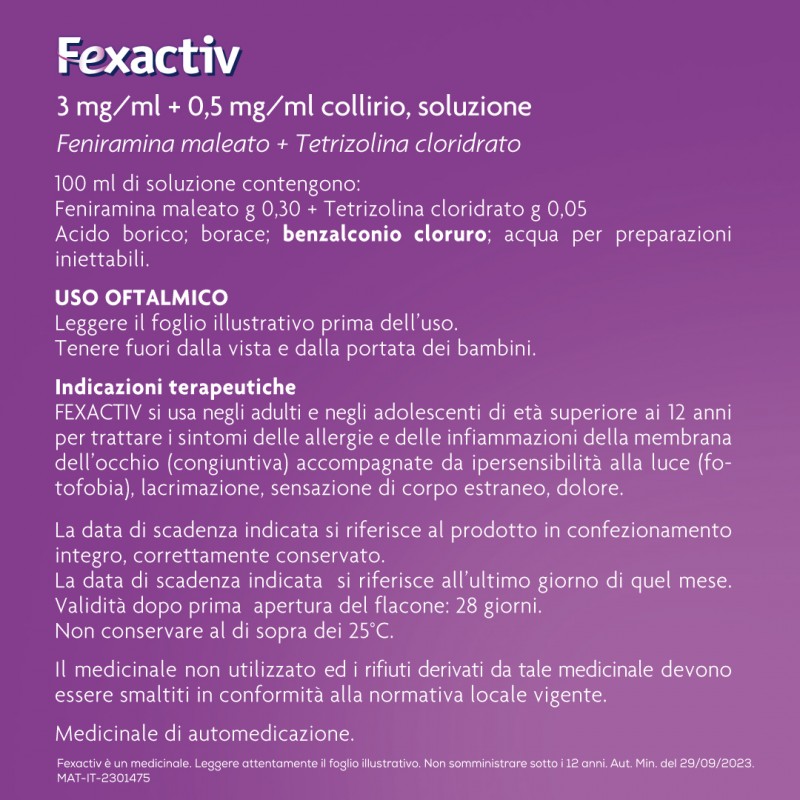 caratteristiche di Fexactiv Collirio per Allergia e Occhi Rossi 10ml