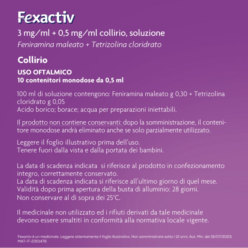 informazioni su Fexactiv Collirio per Allergia e Occhi Rossi Monodose 10 Flaconcini