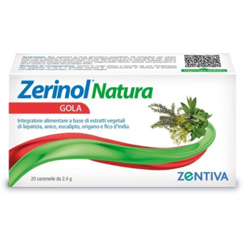 Confezione esterna di Zerinol Natura Gola Integratore Balsamico Mal di Gola 20 Caramelle Confezione esterna di Zerinol Natura Gola Integratore Balsamico Mal di Gola 20 Caramelle
