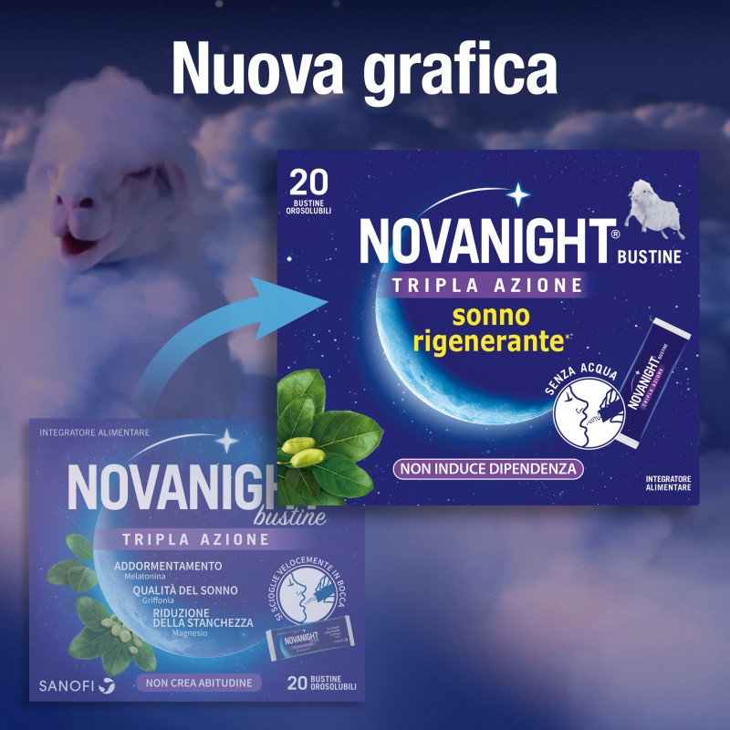 nuova grafica per il prodotto Novanight Tripla Azione per Sonno e Riposo 20 Bustine Orosolubili