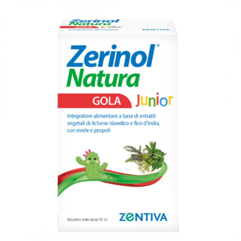 Confezione esterna di Zerinol Natura Gola Junior Spray Bambini per Mal di Gola 30ml