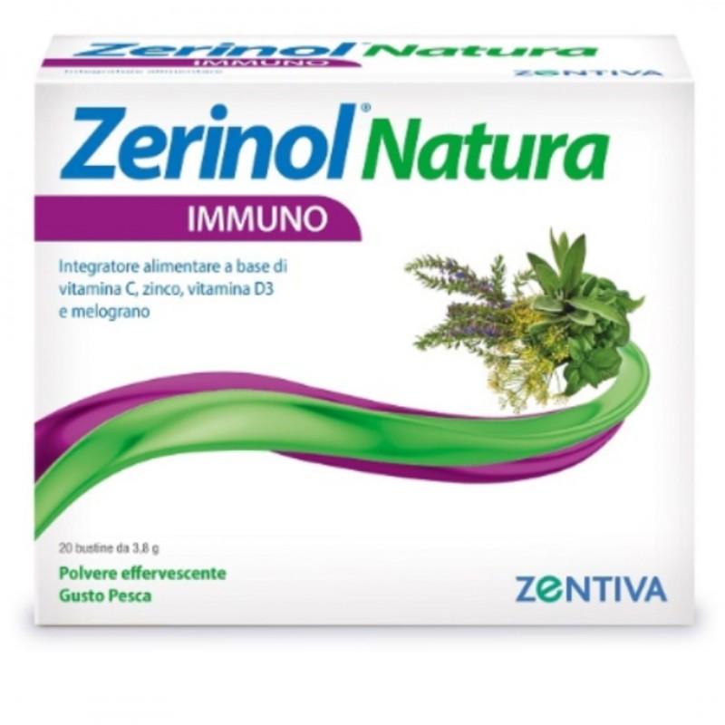 Confezione esterna di Zerinol Natura Immuno Integratore per Difese Immunitarie 20 Bustine