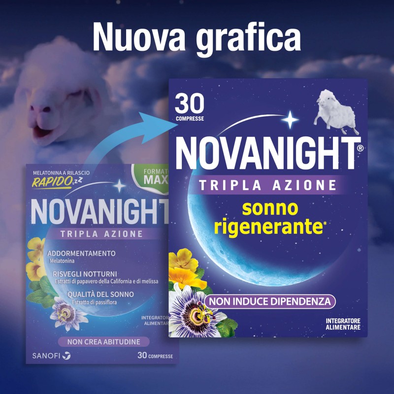 nuova grafica di Novanight Tripla Azione Rilascio Rapido per Sonno e Riposo Formato Convenienza 30 Compresse