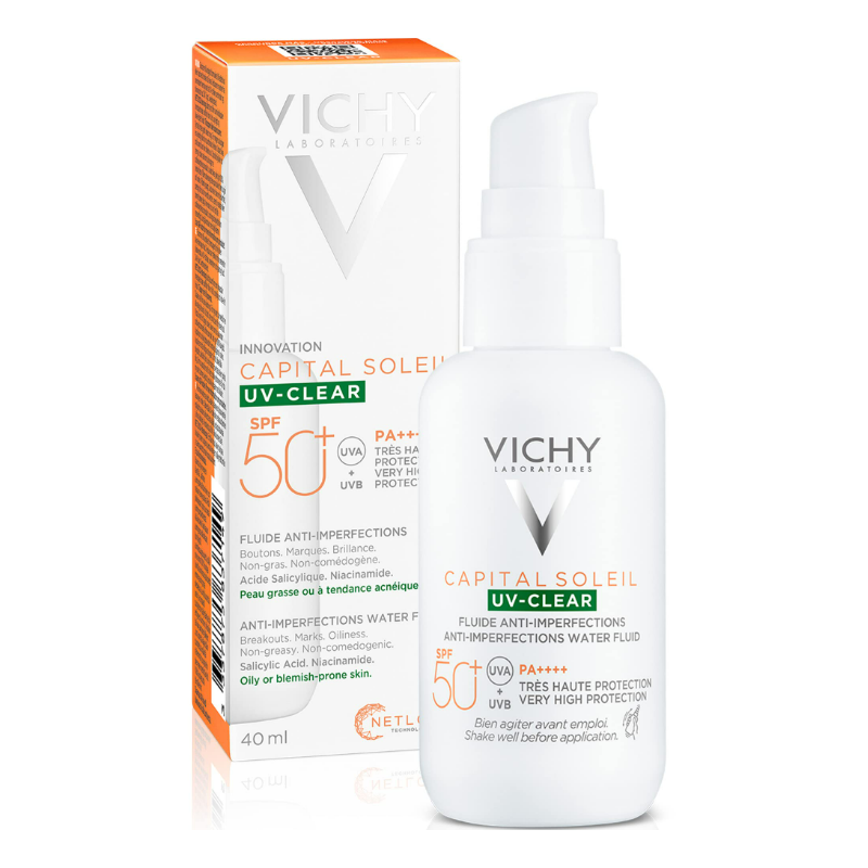 scatola e flacone di Vichy Capital Soleil UV Clear SPF50 40ml