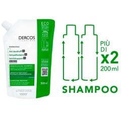 una ricarica da 500ml contiene più shampoo rispetto a due flaconi Vichy Dercos Shampoo