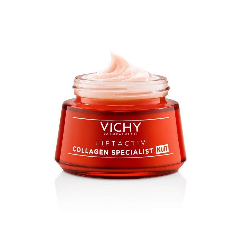 vasetto e texture Vichy Liftactiv Collagen Specialist Notte Crema Viso Notte Anti-Età 50ml
