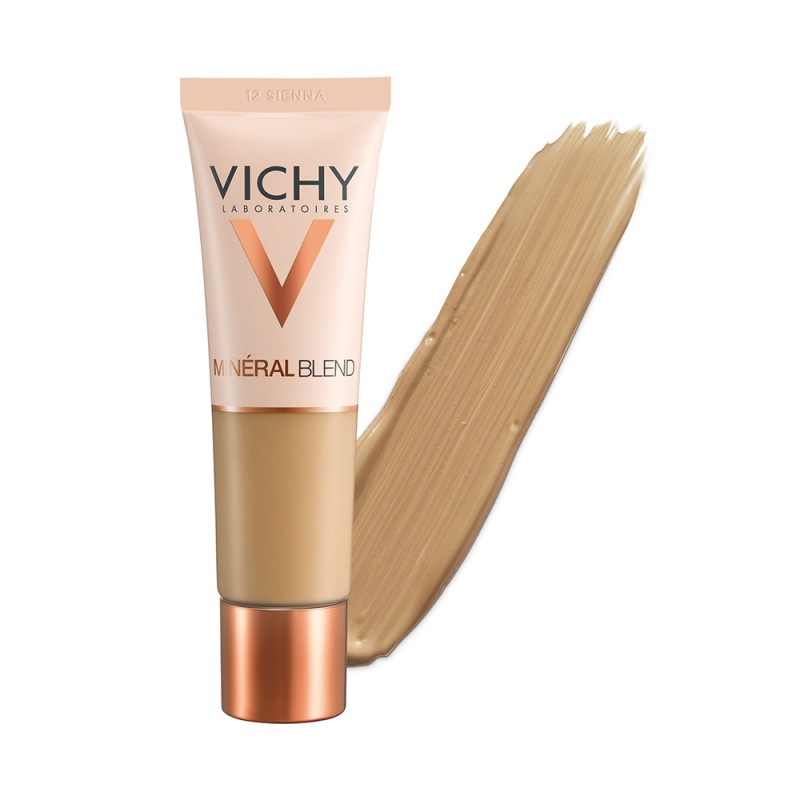 flacone e texture di Vichy Mineral Blend Fondotinta Fluido n.12 30ml