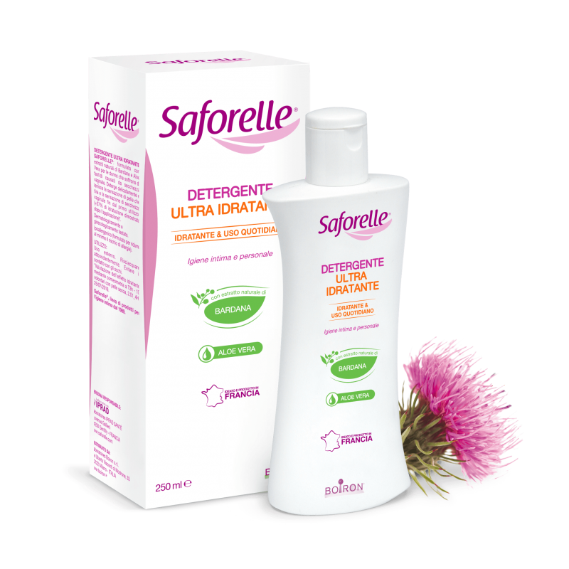 flacone e scatola di Saforelle Detergente Intimo Idratante 250ml