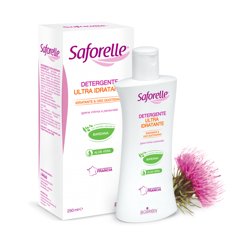 flacone e scatola di Saforelle Detergente Intimo Idratante 250ml flacone e scatola di Saforelle Detergente Intimo Idratante 250ml