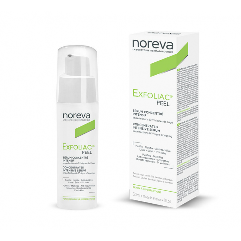 confezione di Noreva Exfoliac Peel Siero Esfoliante 30 ml