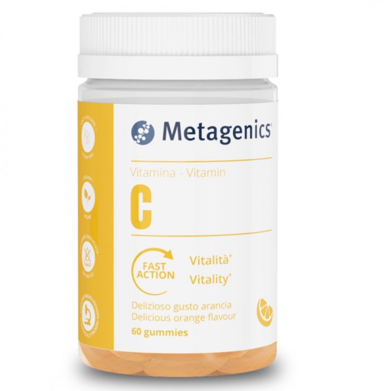 Barattolo di Metagenics Vitamina C Integratore Stanchezza Gusto Arancia 60 Gummies