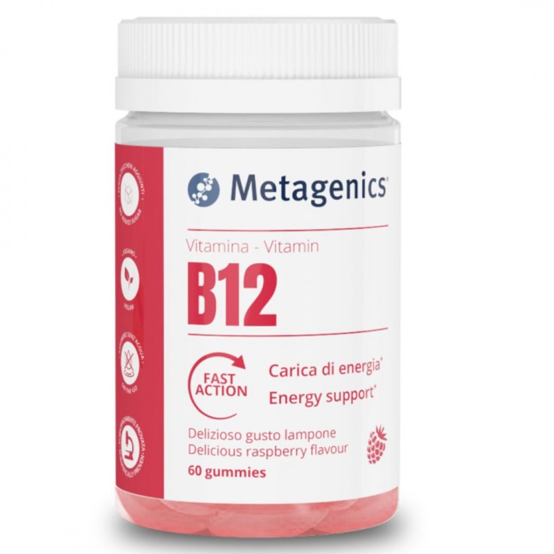 Barattolo di Metagenics Vitamina B12 Integratore Metabolismo Gusto Lampone 60 Gummies
