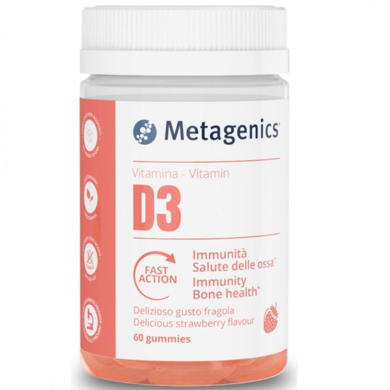 Barattolo di Metagenics Vitamina D3 Integratore Ossa e Difese Immunitarie Gusto Fragola 60 Gummies