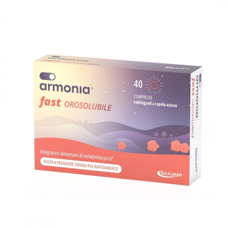Confezione esterna di Armonia Fast Oro 1 mg Melatonina 40 Compresse Sublinguali per Prendere e Mantenere il Sonno