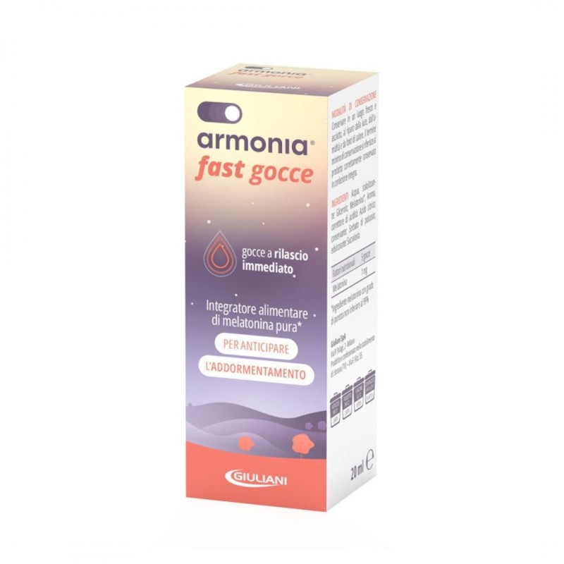 Confezione esterna di Armonia Fast 1 mg Melatonina in Gocce 20 ml Utile per Prendere Sonno