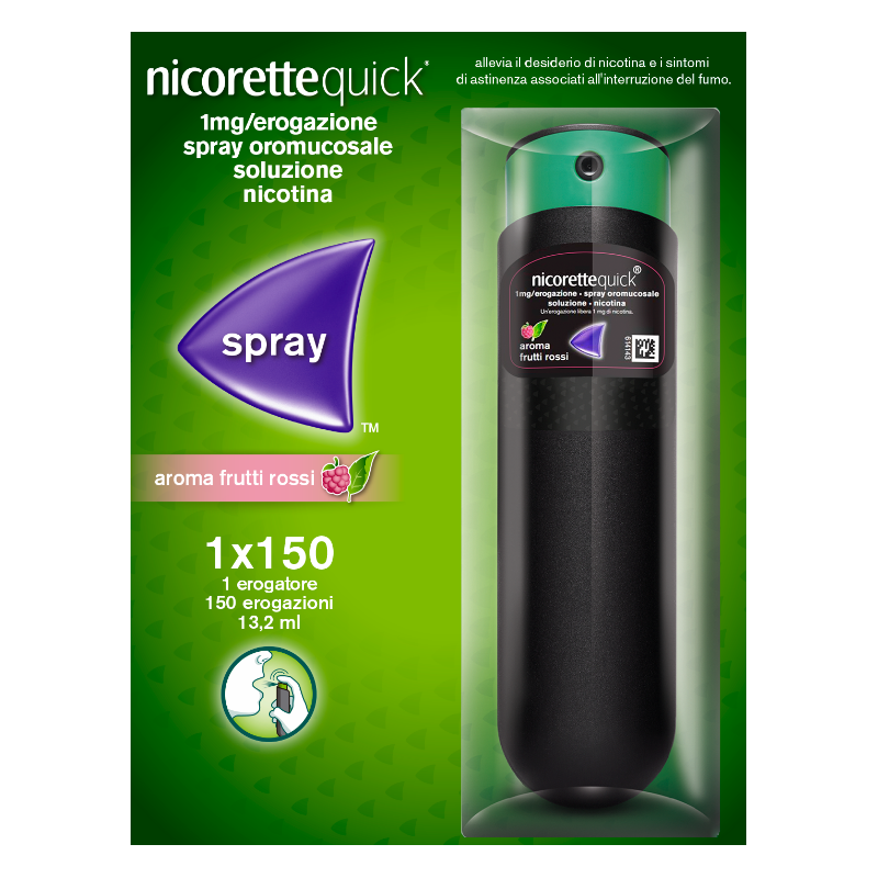 scatola di Nicorette Quick Spray per Smettere di Fumare Ai Frutti di Bosco 150 Erogazioni