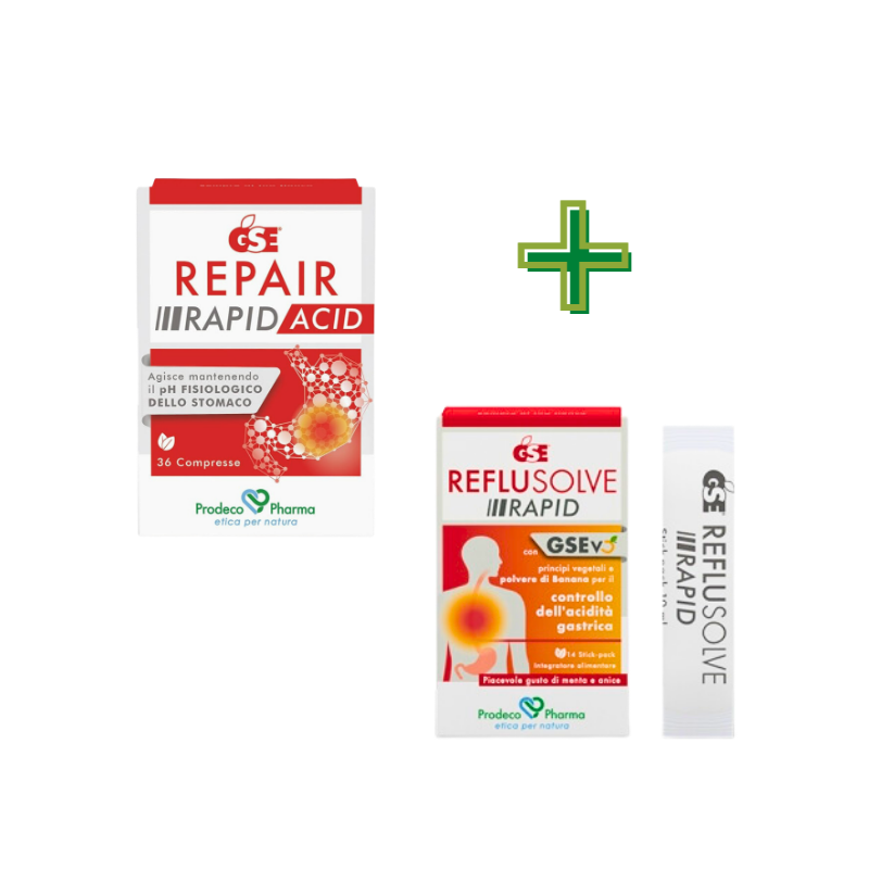 GSE Kit per il tuo Stomaco Reflusolve Rapid 14 Stick + Repair Acid 36 Compresse GSE Kit per il tuo Stomaco Reflusolve Rapid 14 Stick + Repair Acid 36 Compresse