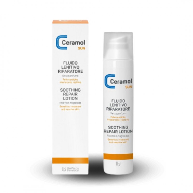 Flacone e scatola di Ceramol Sun Fluido Doposole Riparatore Azione Lenitiva 100ml Flacone e scatola di Ceramol Sun Fluido Doposole Riparatore Azione Lenitiva 100ml