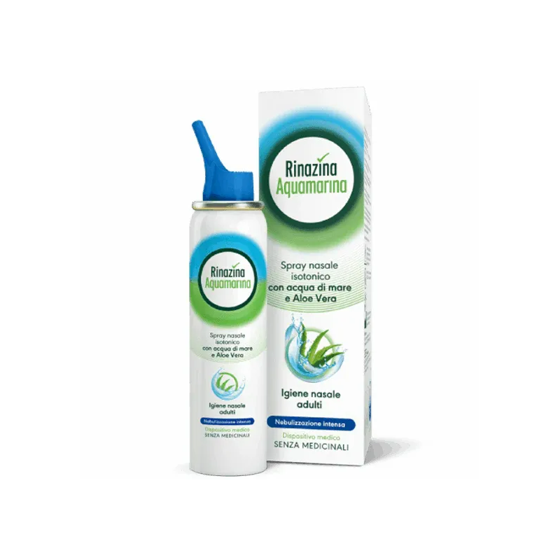 confezione di Rinazina Aquamarina Intensa con Aloe Spray Nasale Isotonico 100ml PROMO