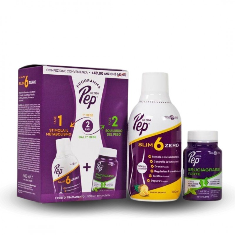 Scatole e flaconi di Ultra Pep Protocollo Slim 6 Zero Ananas 500ml + Brucia Grassi Forte 60 Compresse