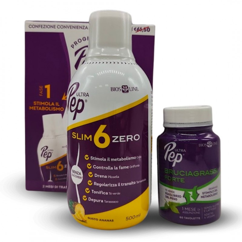 Scatola più prodotti di Ultra Pep Protocollo Slim 6 Zero Ananas 500ml + Brucia Grassi Forte 60 Compresse