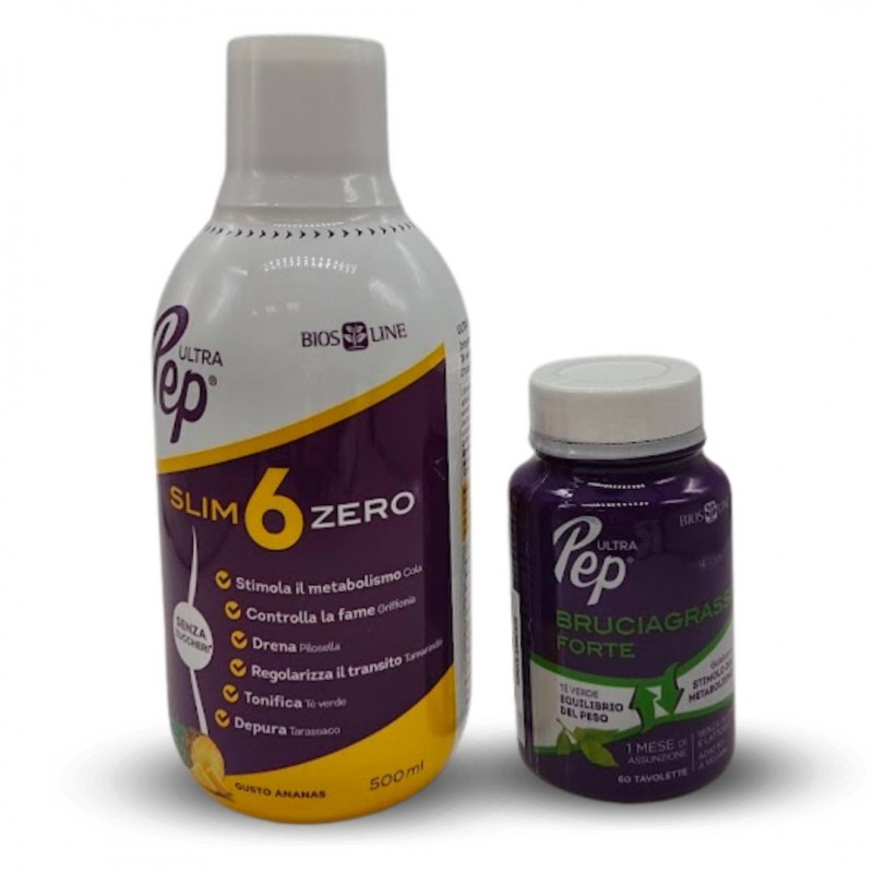 Flaconi e confezioni di Ultra Pep Protocollo Slim 6 Zero Ananas 500ml + Brucia Grassi Forte 60 Compresse
