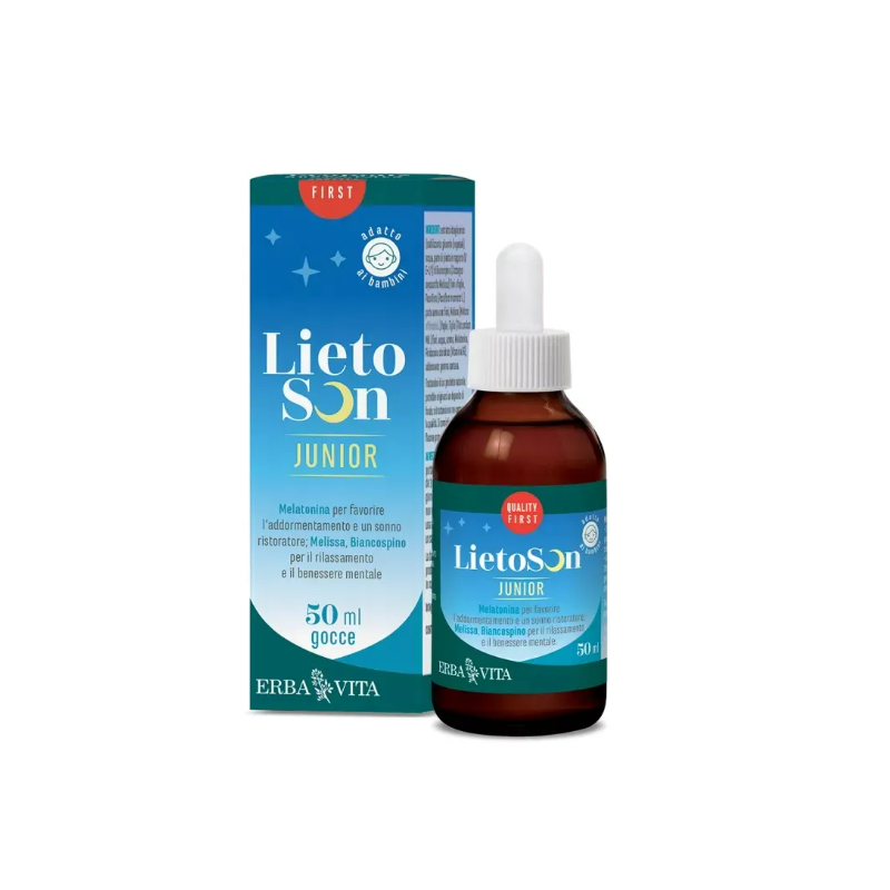 Flacone con Erba Vita Lietoson Junior Gocce Integratore per Sonno Bambini 50ml Flacone con Erba Vita Lietoson Junior Gocce Integratore per Sonno Bambini 50ml