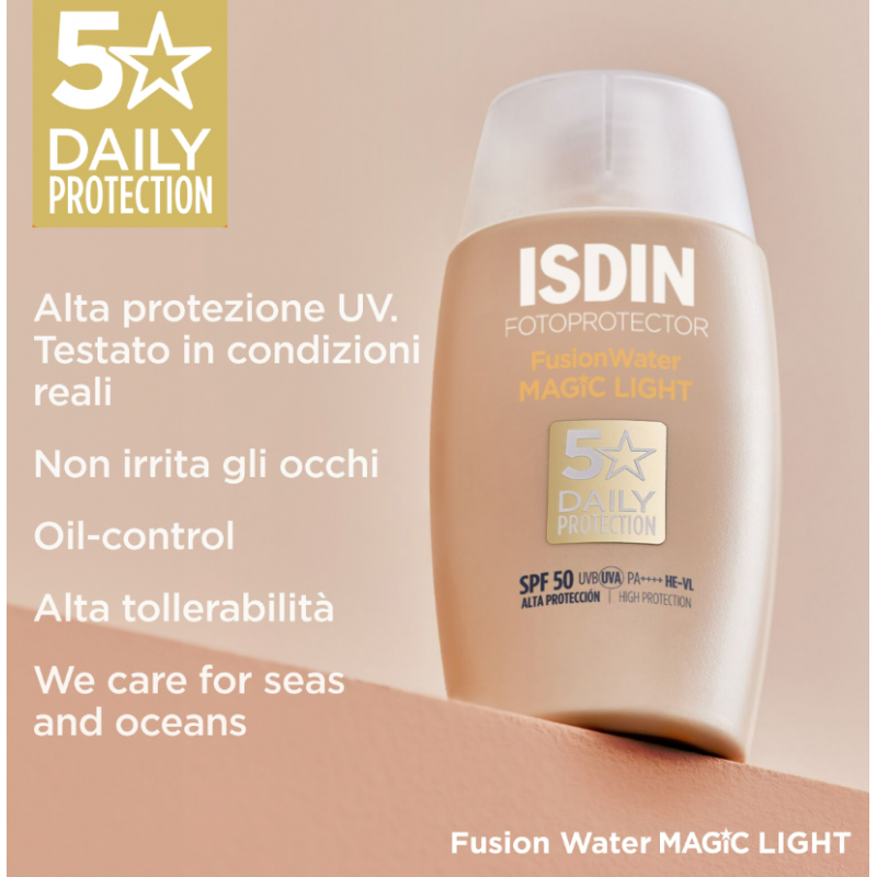 flacone e caratteristiche Isdin Fotoprotector Fusion Water Color Light Protezione Viso SPF50 50ml