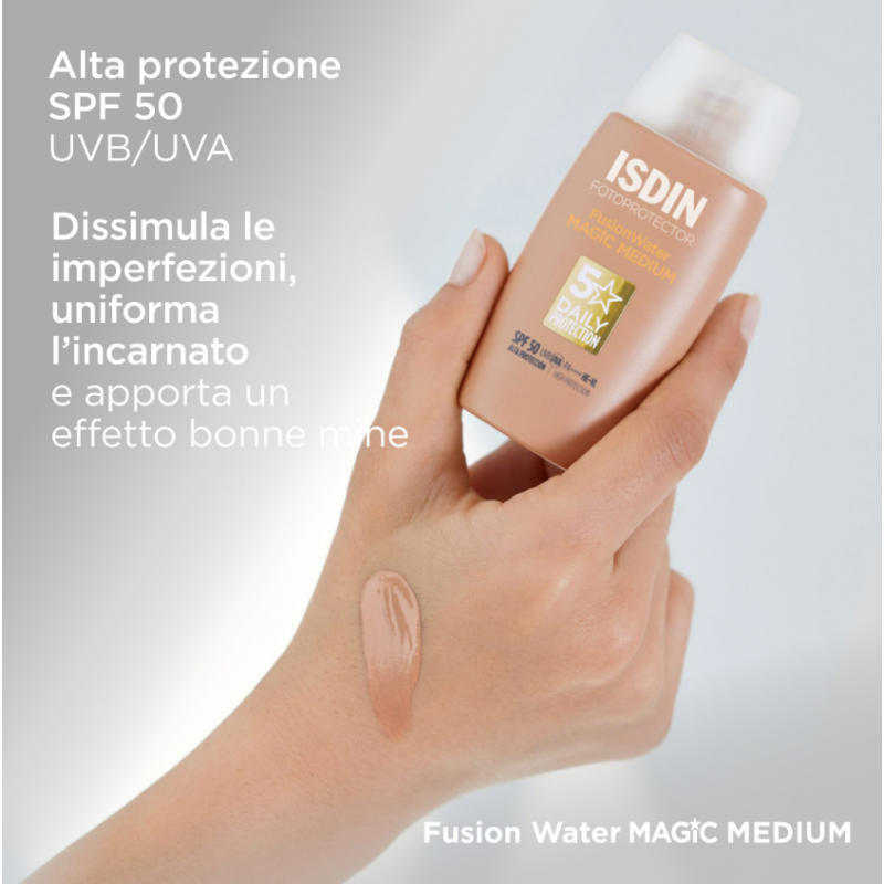 flacone e info Isdin Fotoprotector Fusion Water Color Medium Protezione Viso SPF50 50ml