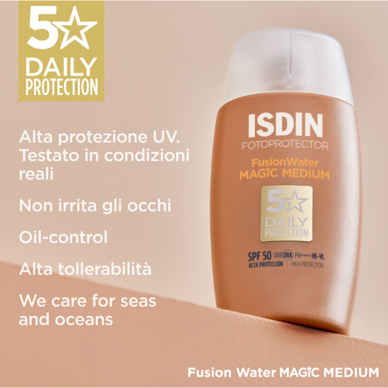 flacone e caratteristiche Isdin Fotoprotector Fusion Water Color Medium Protezione Viso SPF50 50ml