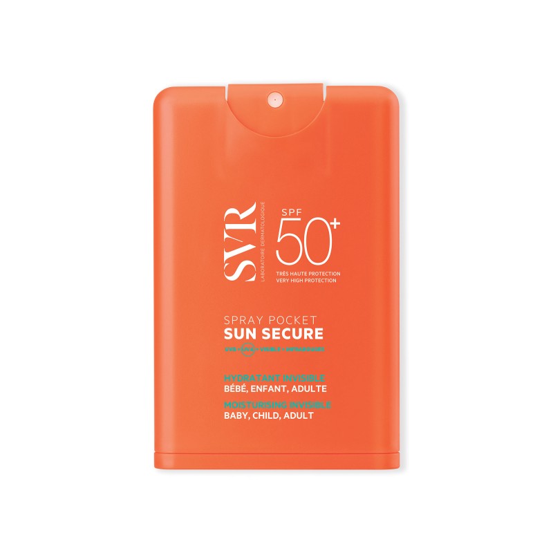 confezione di SVR Sun Secure Spray Pocket SPF50+ Solare Idratante Invisibile 20ml