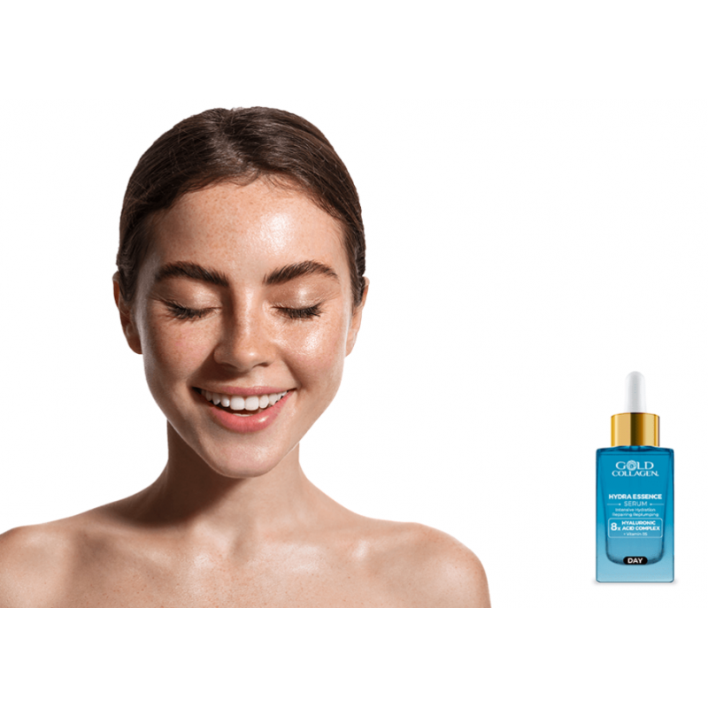 Gold Collagen Hydra Essence Siero Idratante Rimpolpante 30ml flacone e viso