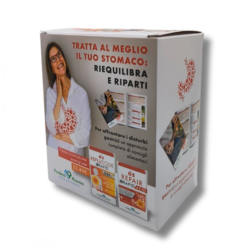 confezione laterale di GSE Kit per il tuo Stomaco Reflusolve Rapid 14 Stick + Repair Acid 36 Compresse confezione laterale di GSE Kit per il tuo Stomaco Reflusolve Rapid 14 Stick + Repair Acid 36 Compresse