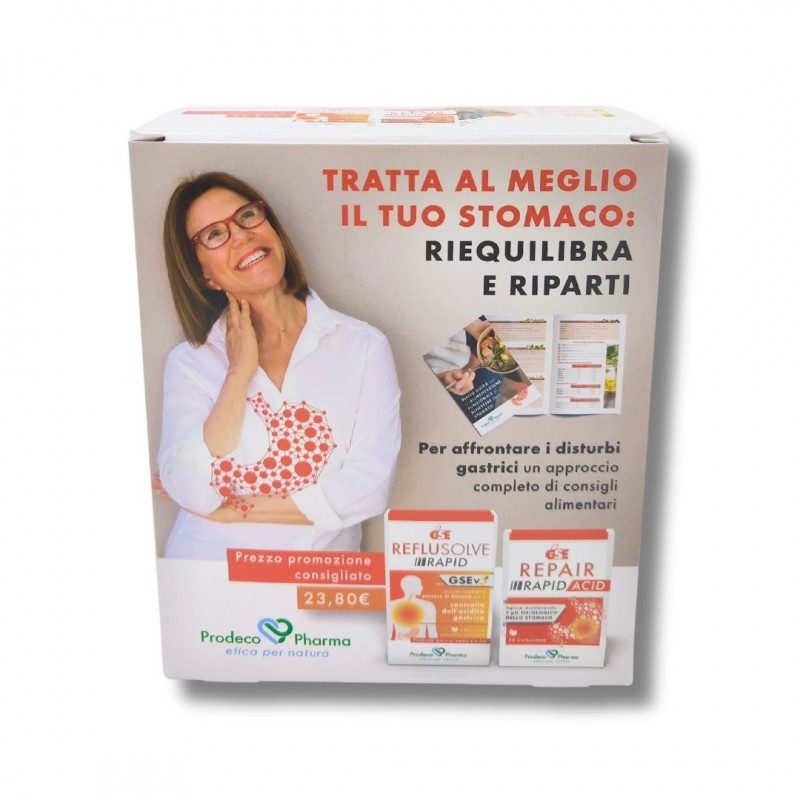 Confezione esterna di GSE Kit per il tuo Stomaco Reflusolve Rapid 14 Stick + Repair Acid 36 Compresse Confezione esterna di GSE Kit per il tuo Stomaco Reflusolve Rapid 14 Stick + Repair Acid 36 Compresse