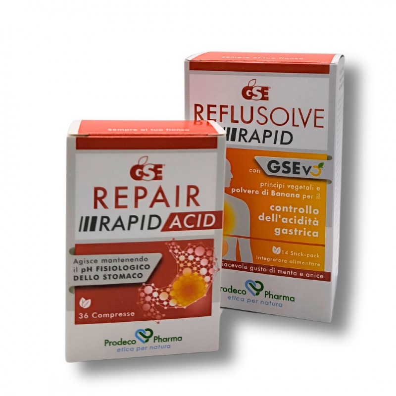 Confezioni singole di GSE Kit per il tuo Stomaco Reflusolve Rapid 14 Stick + Repair Acid 36 Compresse Confezioni singole di GSE Kit per il tuo Stomaco Reflusolve Rapid 14 Stick + Repair Acid 36 Compresse