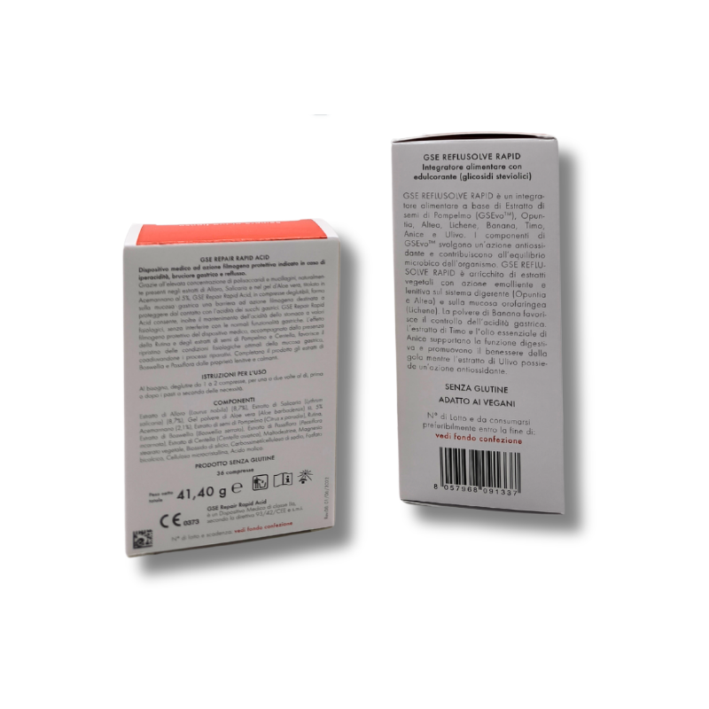 Retro confezioni singole di GSE Kit per il tuo Stomaco Reflusolve Rapid 14 Stick + Repair Acid 36 Compresse Retro confezioni singole di GSE Kit per il tuo Stomaco Reflusolve Rapid 14 Stick + Repair Acid 36 Compresse