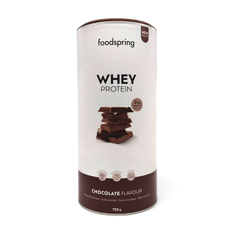 Barattolo Foodspring Whey Protein Integratore Proteico Gusto Cioccolato 750 g