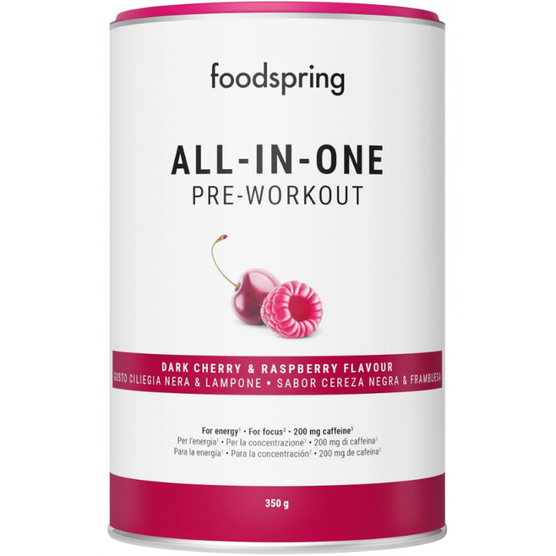 Foodspring All In One Pre Workout Integratore Pre Allenamento Ciliegia Nera e Lampone 350g barattolo Foodspring All In One Pre Workout Integratore Pre Allenamento Ciliegia Nera e Lampone 350g barattolo
