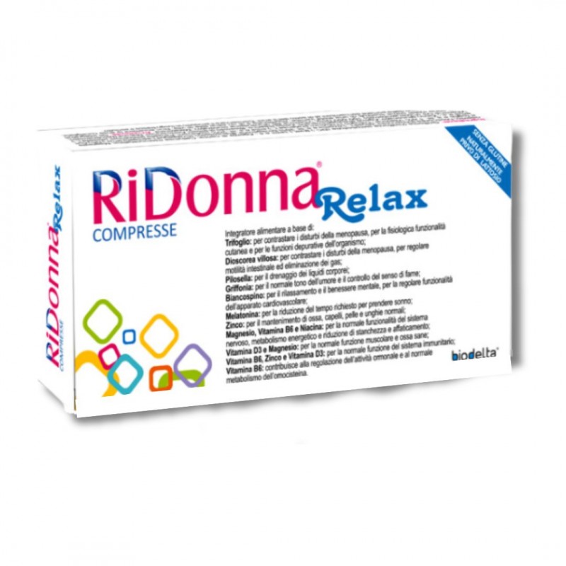 Scatola di RiDonna Relax Integratore per Benessere Durante la Menopausa 30 Compresse Scatola di RiDonna Relax Integratore per Benessere Durante la Menopausa 30 Compresse