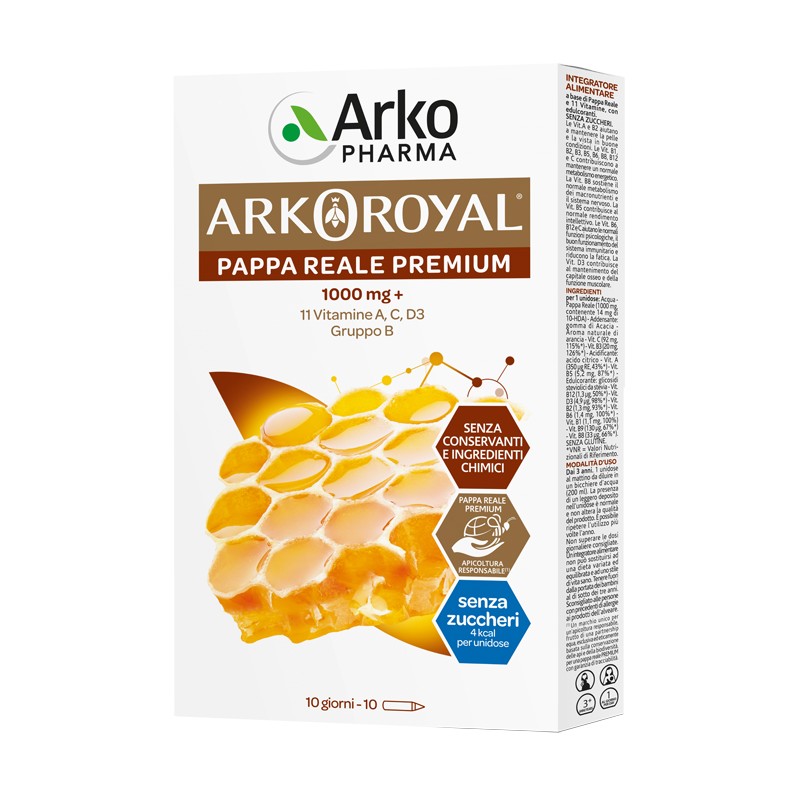 confezione di Arkoroyal Pappa Reale 1000 Mg + Vitamine Senza Zucchero 10 Fiale confezione di Arkoroyal Pappa Reale 1000 Mg + Vitamine Senza Zucchero 10 Fiale