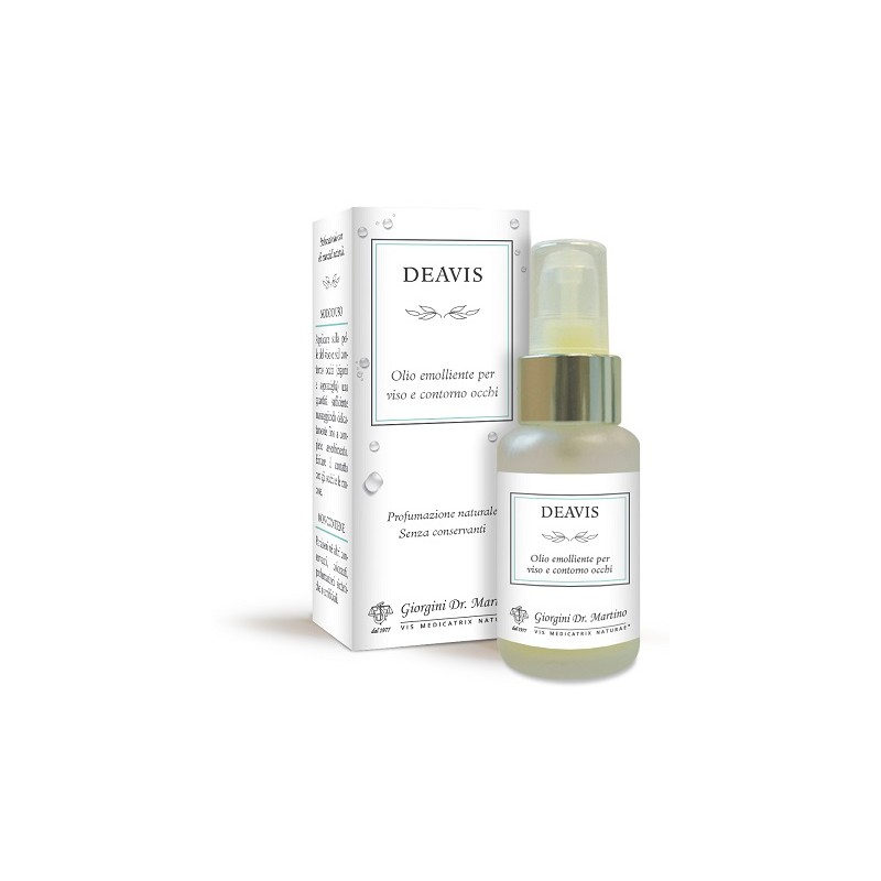 confezione e flacone di Deavis Olio Emolliente e Rigenerante per Viso e Contorno Occhi 50ml confezione e flacone di Deavis Olio Emolliente e Rigenerante per Viso e Contorno Occhi 50ml