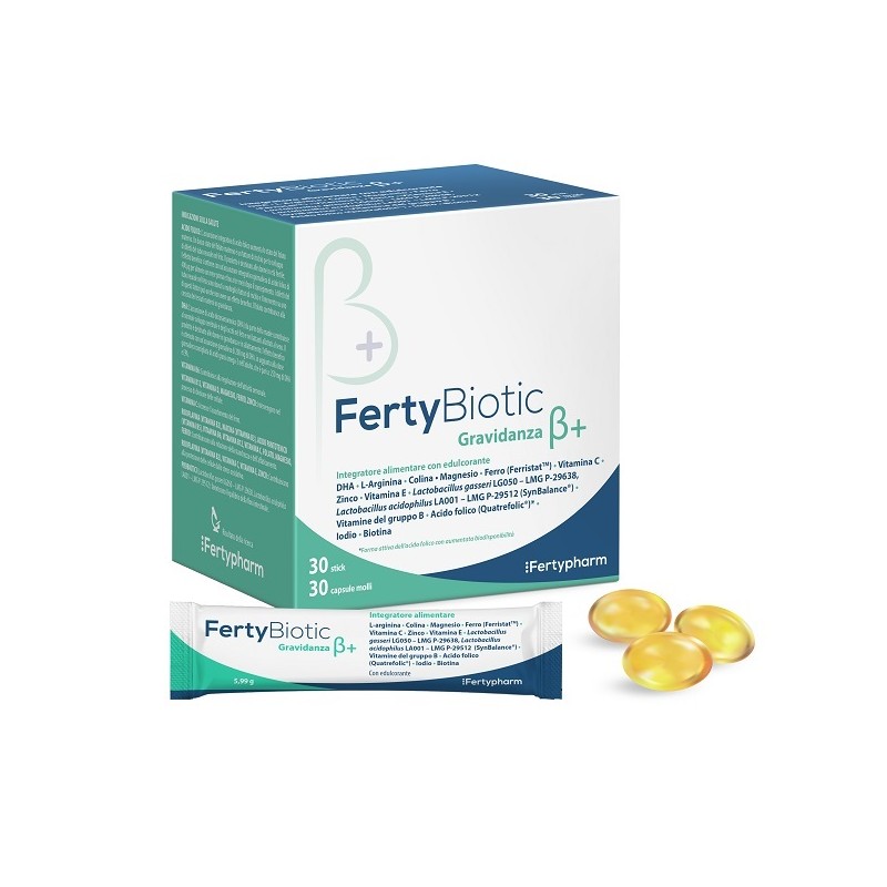 confezione di Fertybiotic Gravidanza Beta+ Integratore con Acido Folico 30 Stick + 30 Capsule
