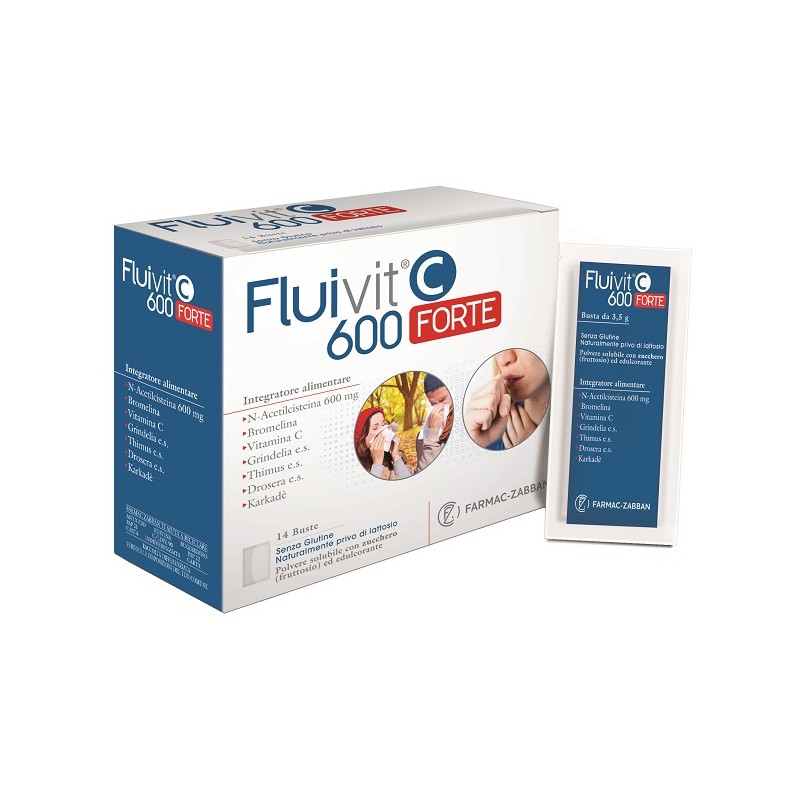 confezione di Fluivit C 600 Forte Integratore per Secrezioni Bronchiali e Tosse 14 Buste da 3,5 g confezione di Fluivit C 600 Forte Integratore per Secrezioni Bronchiali e Tosse 14 Buste da 3,5 g