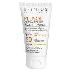 flacone di Skinius Plusol Crema Solare Viso con SPF50 da 50ml flacone di Skinius Plusol Crema Solare Viso con SPF50 da 50ml
