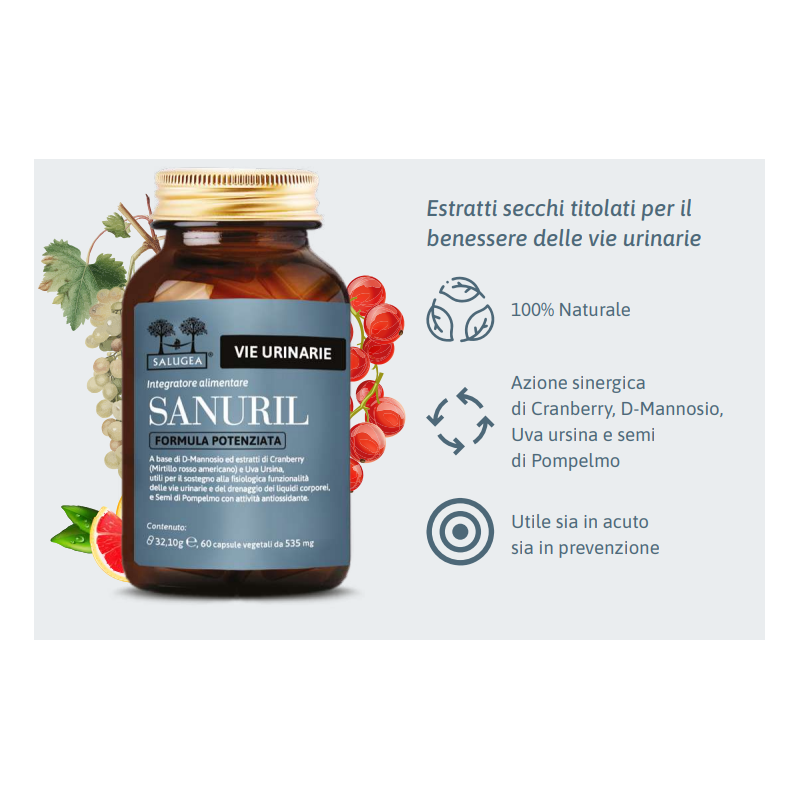 Tips e flacone del Sanuril Formula Potenziata Integratore Antiossidante 60 Capsule